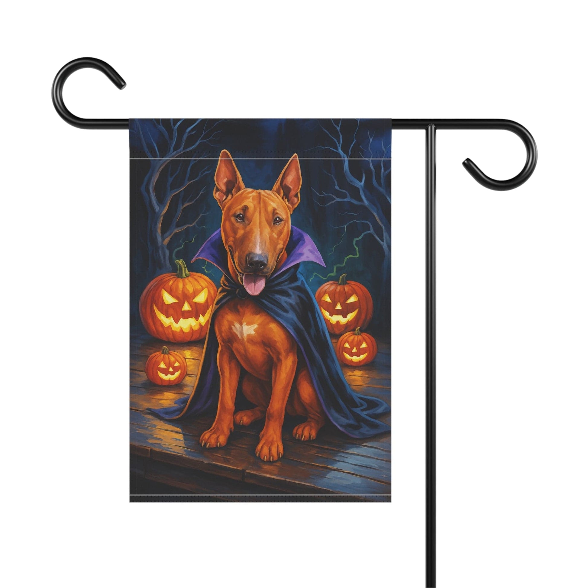Printify Home Decor Yard Flag, Halloween Brown Bull Terrier Dog, Vampire Pumpkins Decor, Garden House Banner, Outdoor Halloween Fall Decoration, October Yard