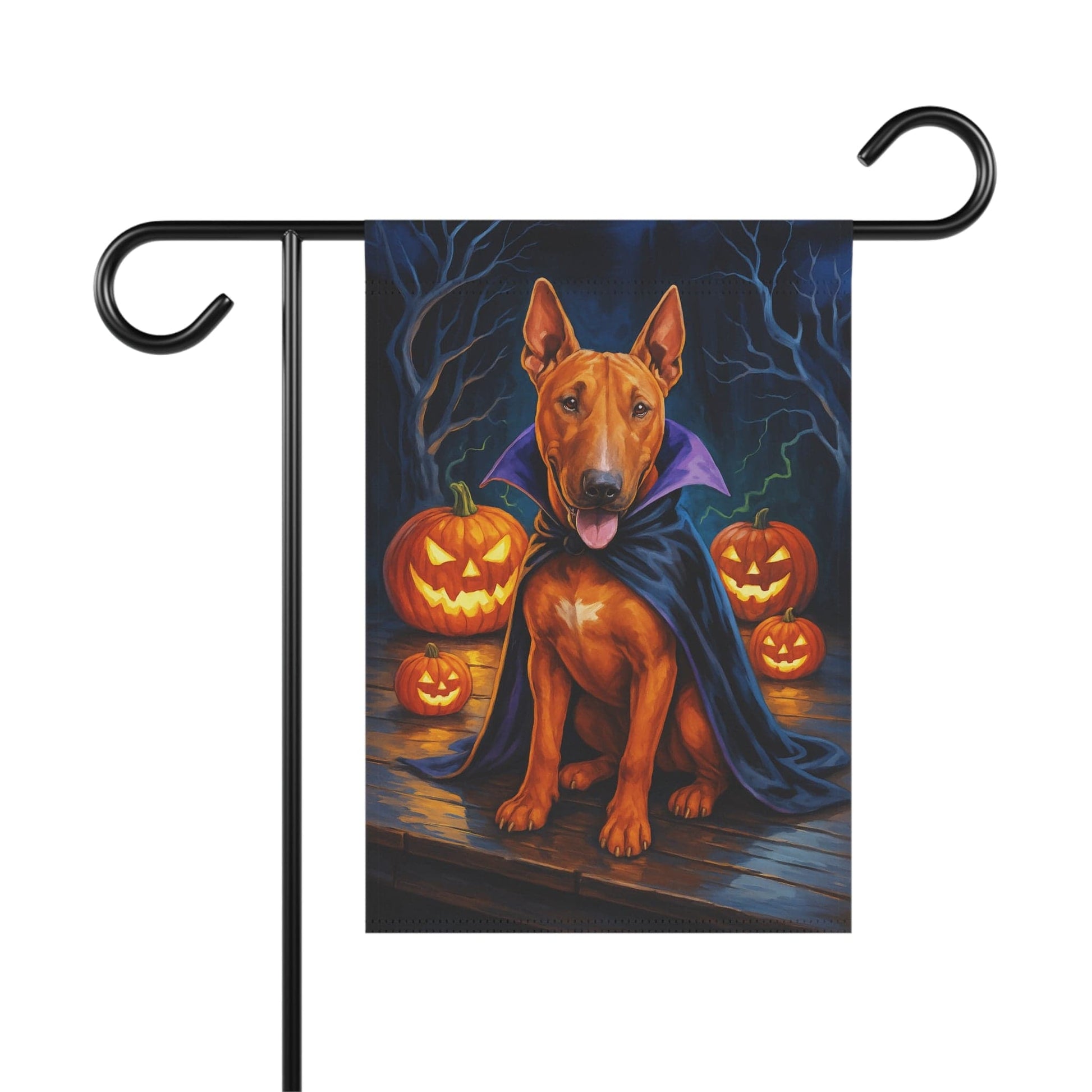 Printify Home Decor 12'' × 18'' Yard Flag, Halloween Brown Bull Terrier Dog, Vampire Pumpkins Decor, Garden House Banner, Outdoor Halloween Fall Decoration, October Yard