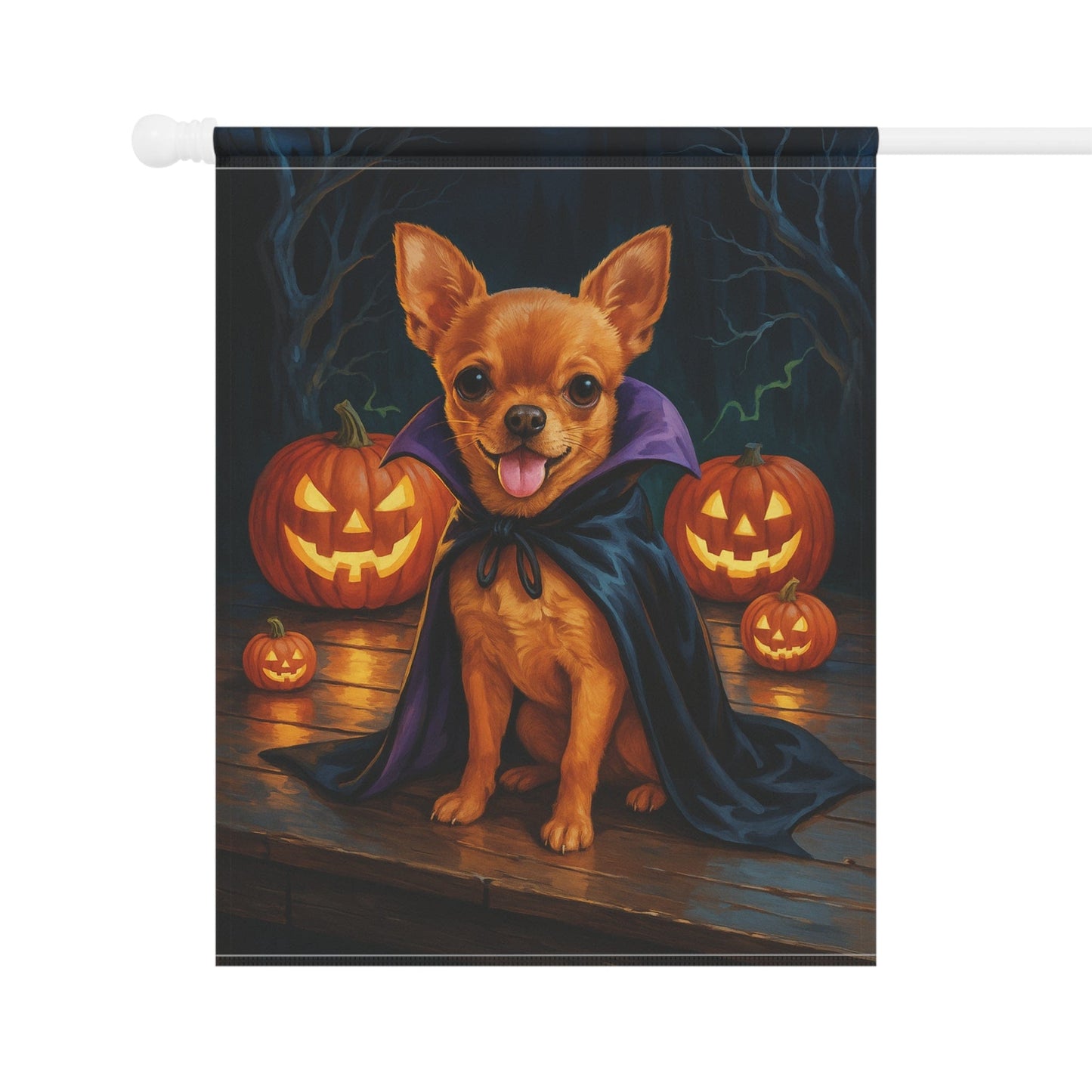 Printify Home Decor Yard Flag, Halloween Brown Chihuahua Dog, Vampire Pumpkins Decor, Garden House Banner