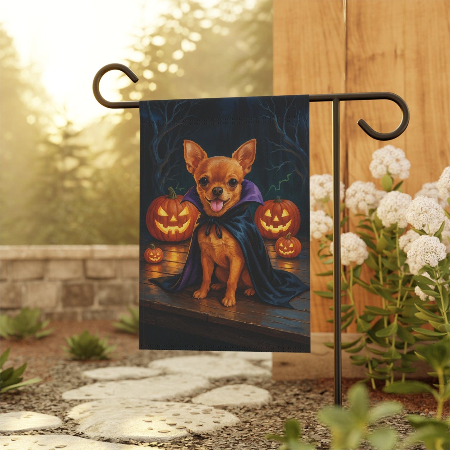Printify Home Decor Yard Flag, Halloween Brown Chihuahua Dog, Vampire Pumpkins Decor, Garden House Banner