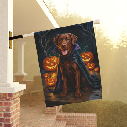 Printify Home Decor Yard Flag, Halloween Brown Labrador Dog, Vampire Pumpkins Decor, Garden House Banner, Outdoor Halloween Fall Art, October Yard Art
