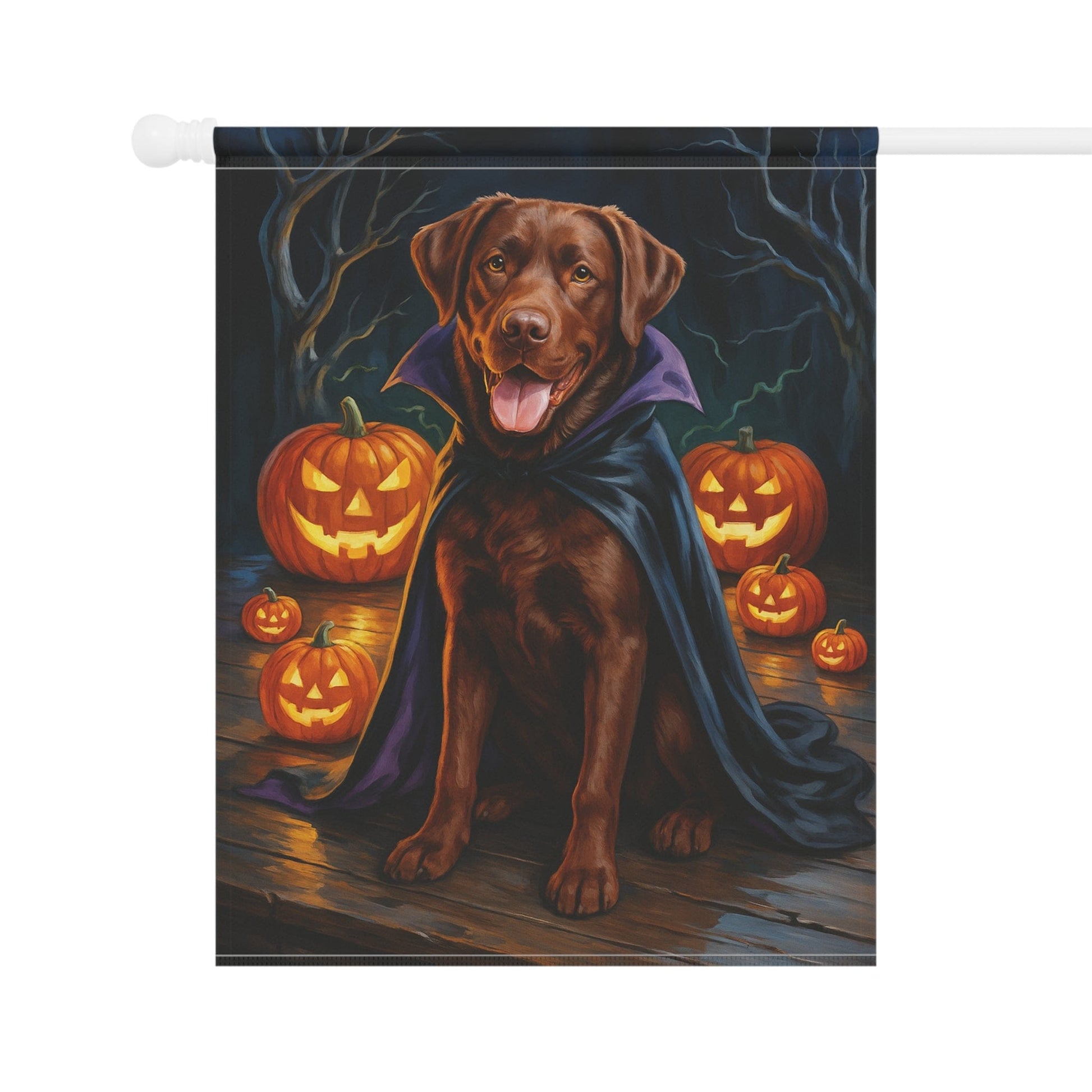 Printify Home Decor Yard Flag, Halloween Brown Labrador Dog, Vampire Pumpkins Decor, Garden House Banner, Outdoor Halloween Fall Art, October Yard Art