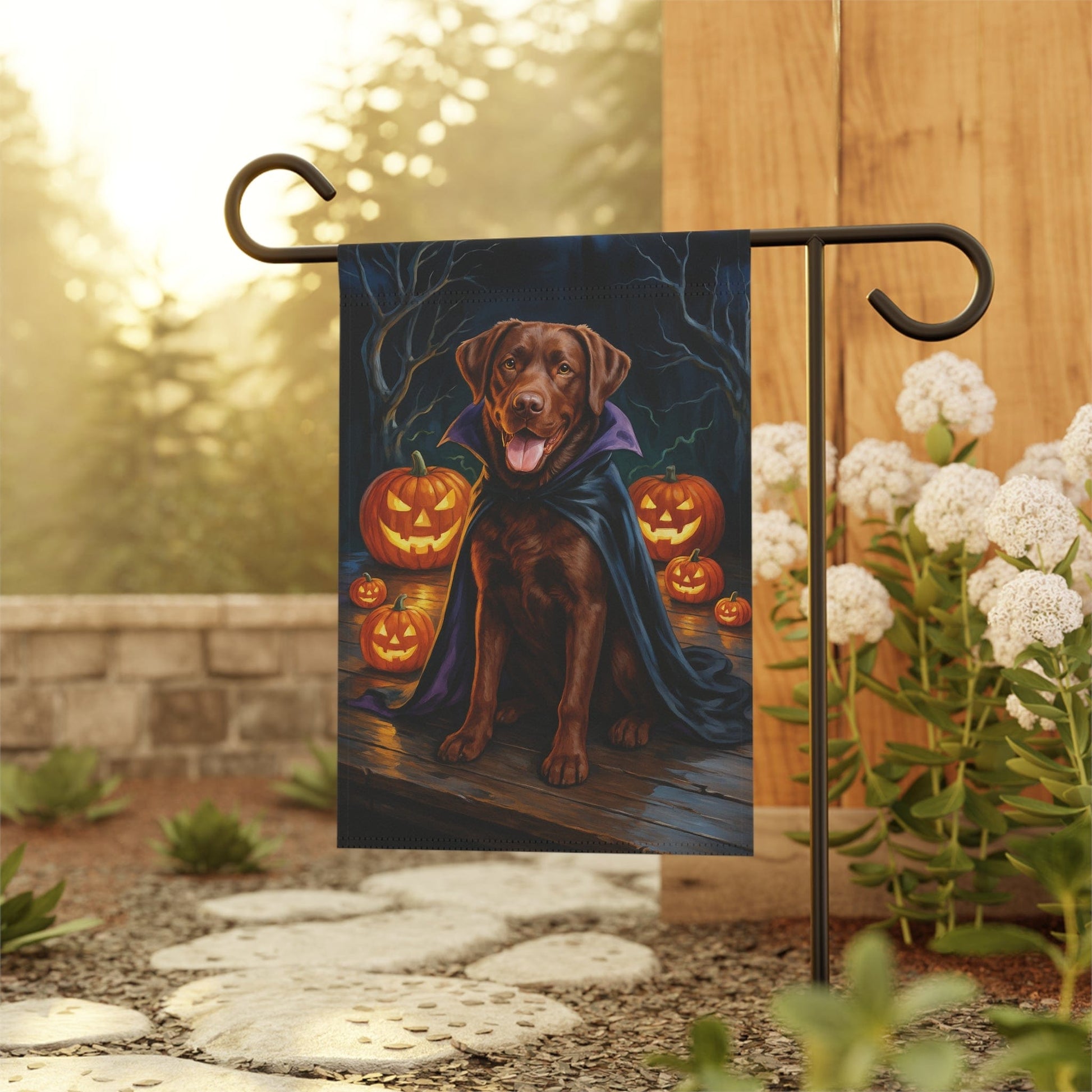 Printify Home Decor Yard Flag, Halloween Brown Labrador Dog, Vampire Pumpkins Decor, Garden House Banner, Outdoor Halloween Fall Art, October Yard Art