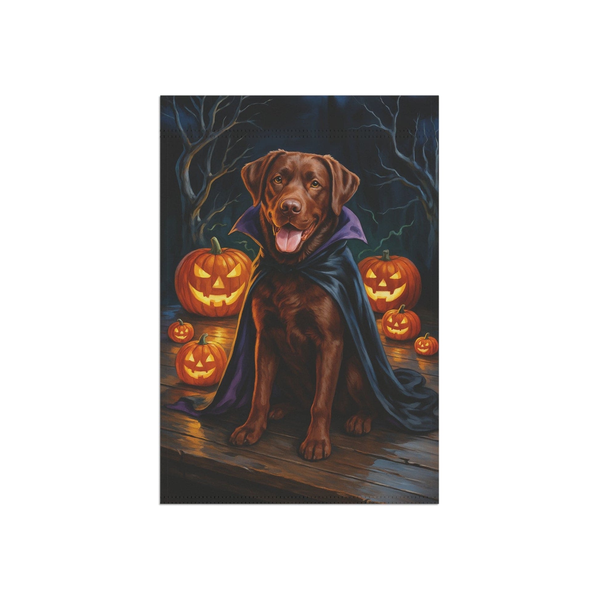 Printify Home Decor Yard Flag, Halloween Brown Labrador Dog, Vampire Pumpkins Decor, Garden House Banner, Outdoor Halloween Fall Art, October Yard Art