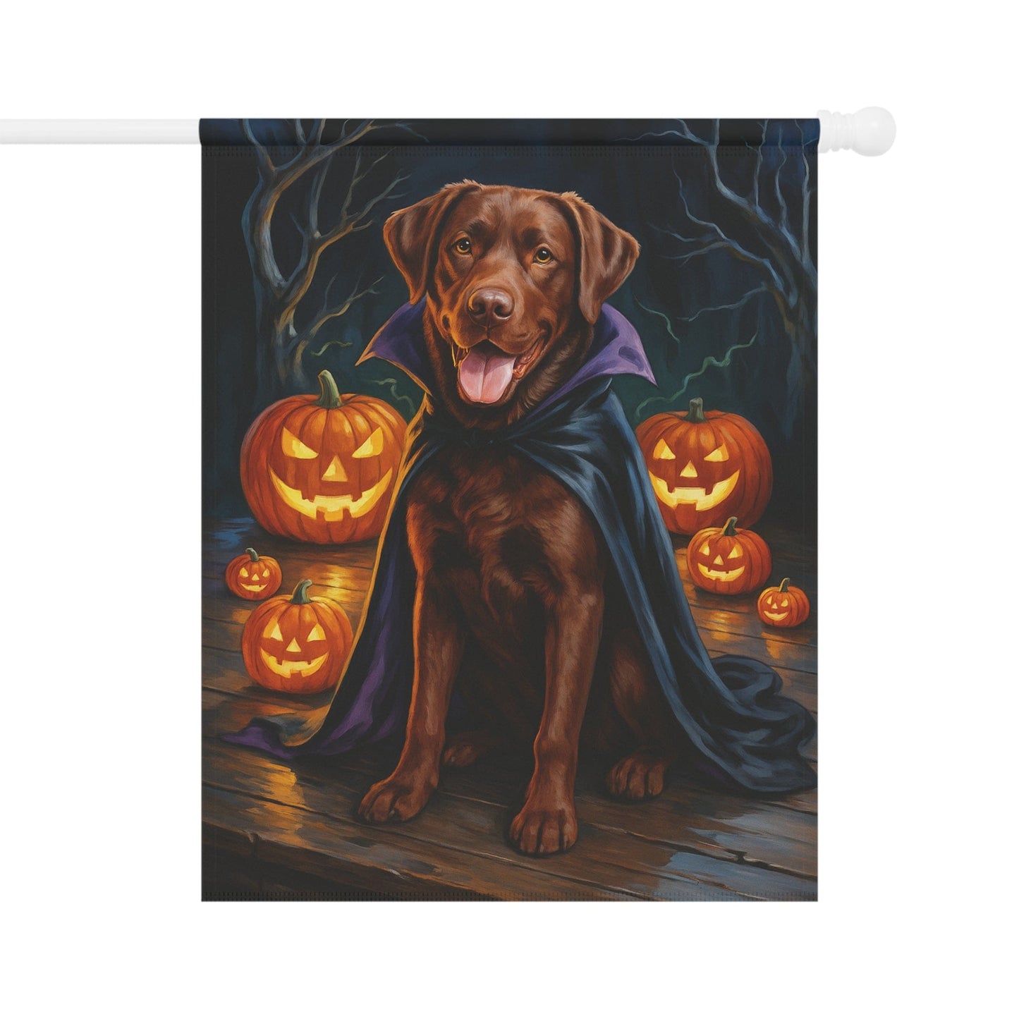 Printify Home Decor 24.5'' × 32'' Yard Flag, Halloween Brown Labrador Dog, Vampire Pumpkins Decor, Garden House Banner, Outdoor Halloween Fall Art, October Yard Art