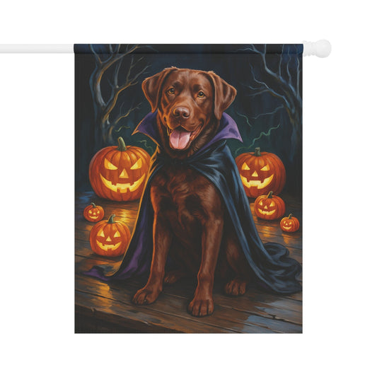 Printify Home Decor 24.5'' × 32'' Yard Flag, Halloween Brown Labrador Dog, Vampire Pumpkins Decor, Garden House Banner, Outdoor Halloween Fall Art, October Yard Art