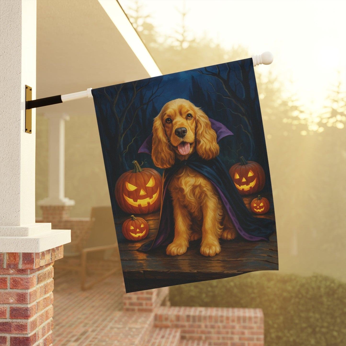 Printify Home Decor Yard Flag, Halloween Buff Cocker Spaniel Dog, Vampire Pumpkins Decor, Garden House Banner