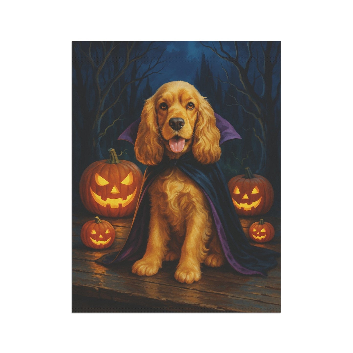 Printify Home Decor Yard Flag, Halloween Buff Cocker Spaniel Dog, Vampire Pumpkins Decor, Garden House Banner