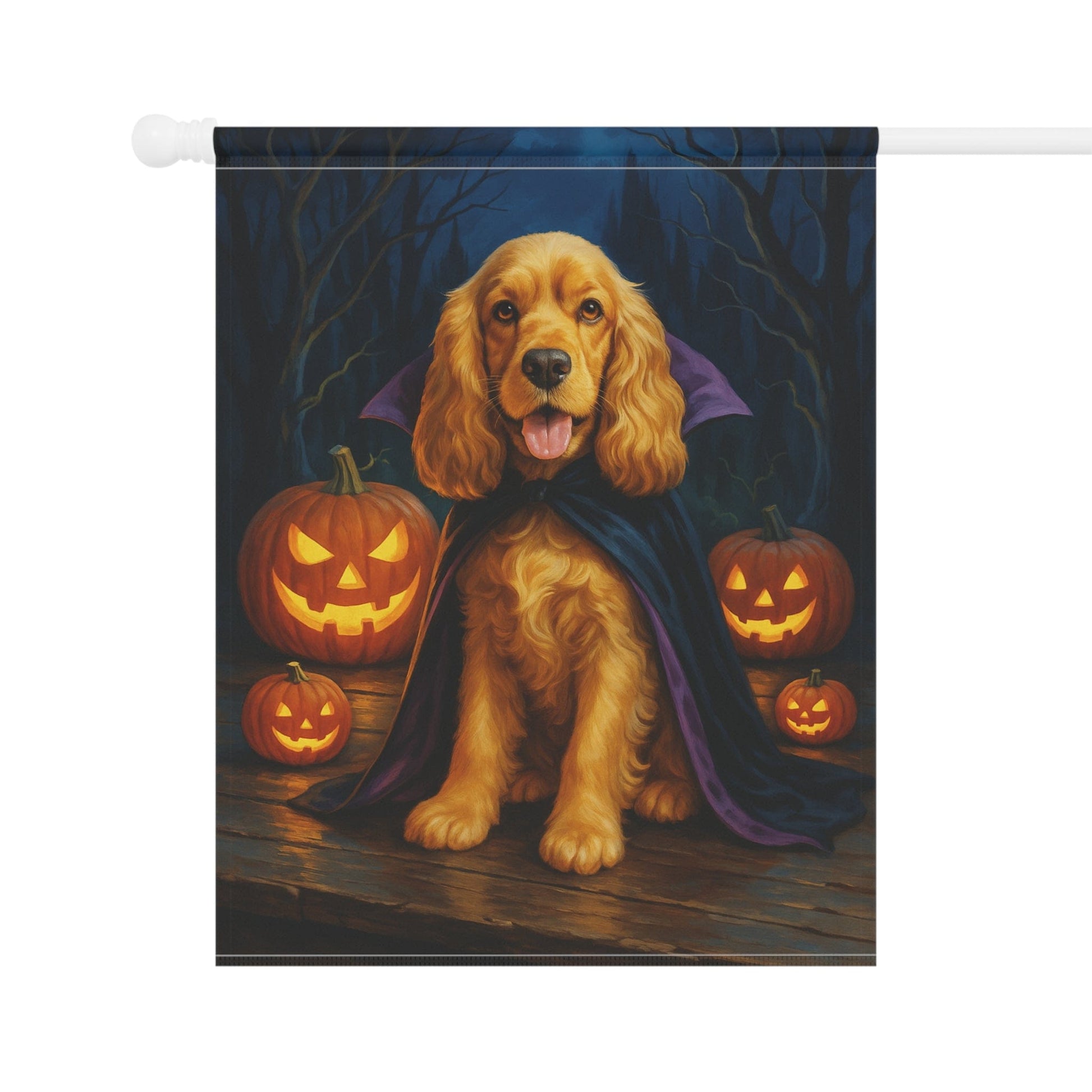 Printify Home Decor Yard Flag, Halloween Buff Cocker Spaniel Dog, Vampire Pumpkins Decor, Garden House Banner
