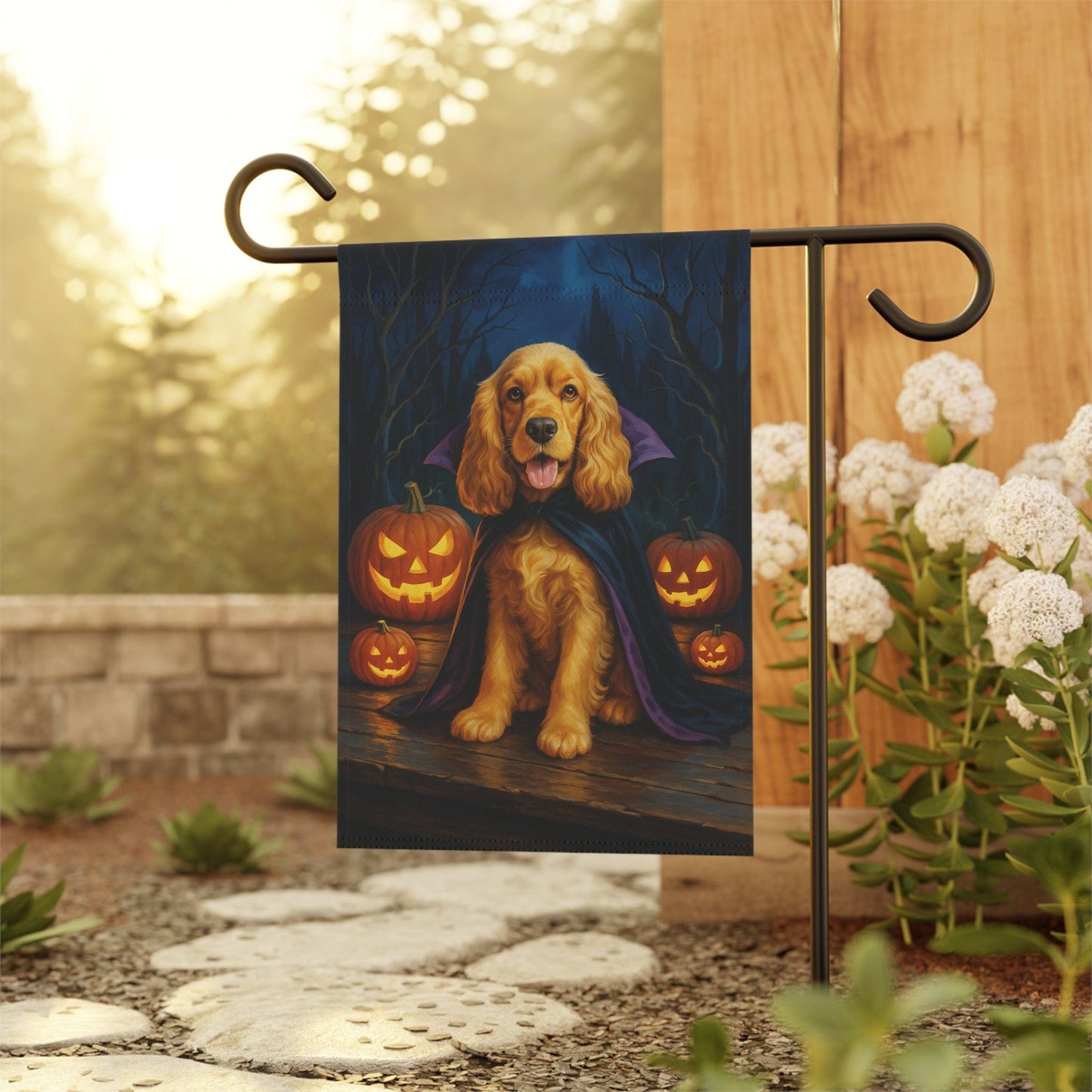 Printify Home Decor Yard Flag, Halloween Buff Cocker Spaniel Dog, Vampire Pumpkins Decor, Garden House Banner