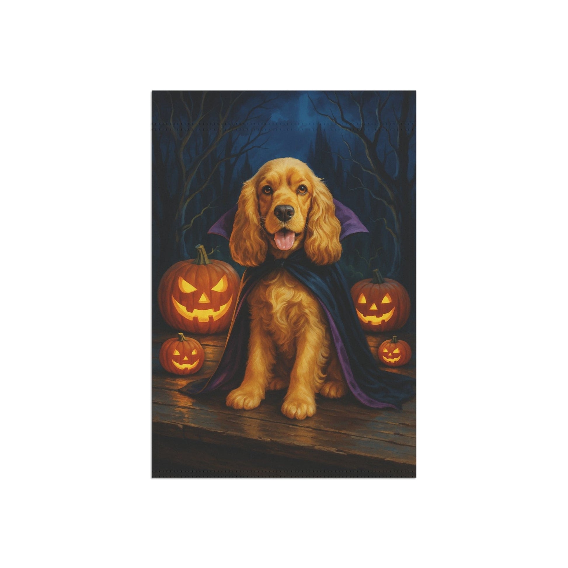 Printify Home Decor Yard Flag, Halloween Buff Cocker Spaniel Dog, Vampire Pumpkins Decor, Garden House Banner