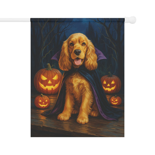 Printify Home Decor 24.5'' × 32'' Yard Flag, Halloween Buff Cocker Spaniel Dog, Vampire Pumpkins Decor, Garden House Banner
