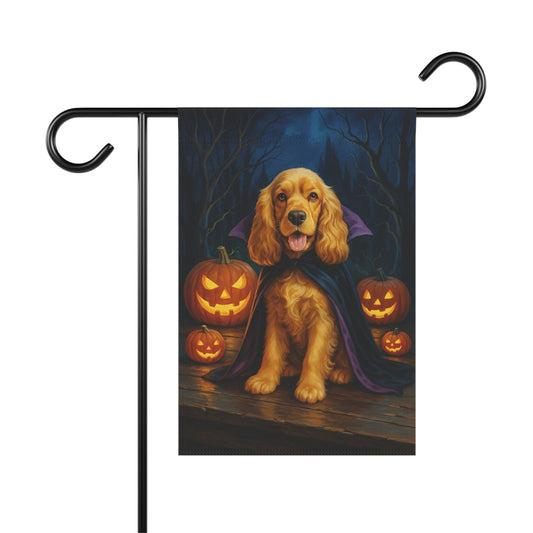 Printify Home Decor 12'' × 18'' Yard Flag, Halloween Buff Cocker Spaniel Dog, Vampire Pumpkins Decor, Garden House Banner