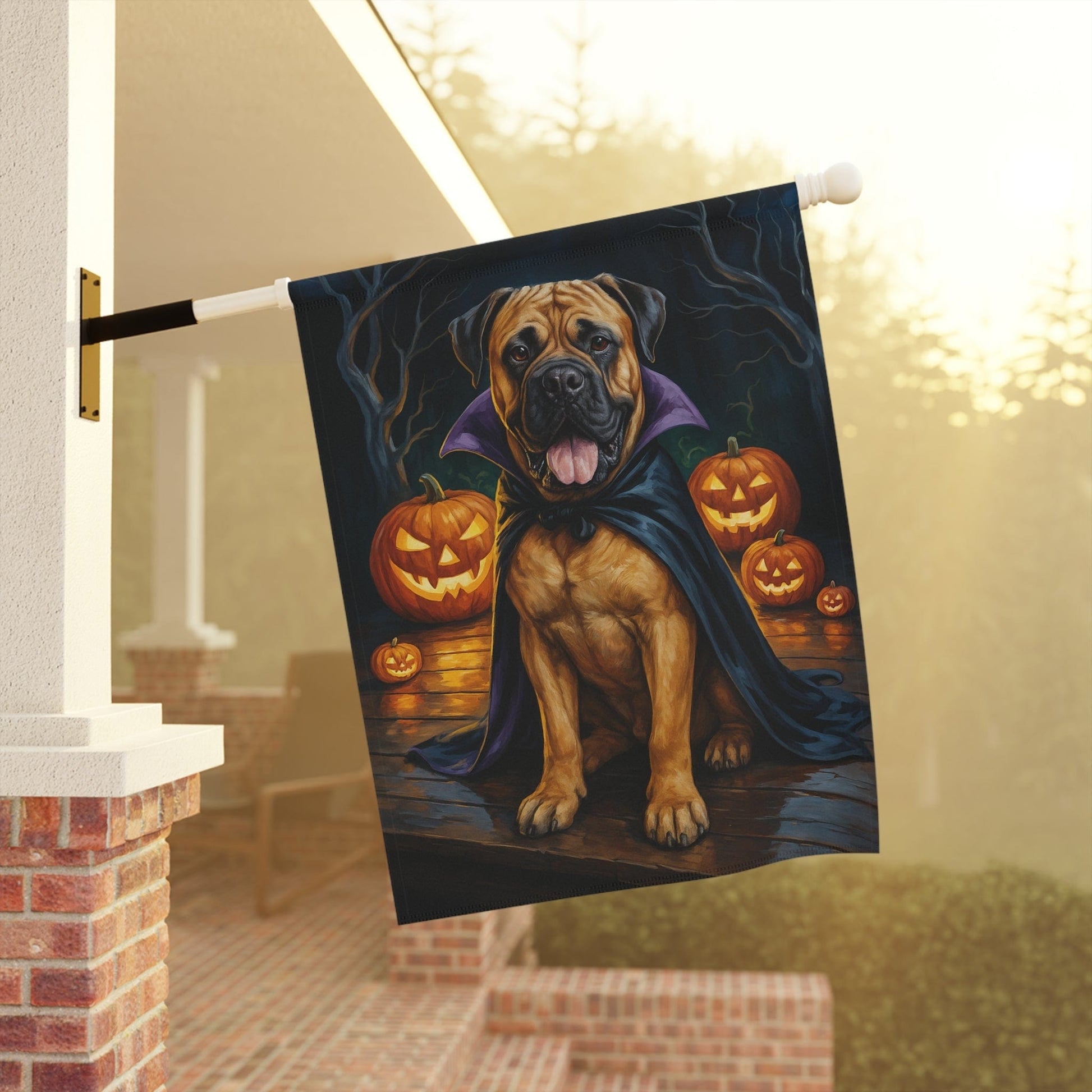 Printify Home Decor Yard Flag, Halloween Bullmastiff Dog, Vampire Pumpkins Decor, Garden House Banner