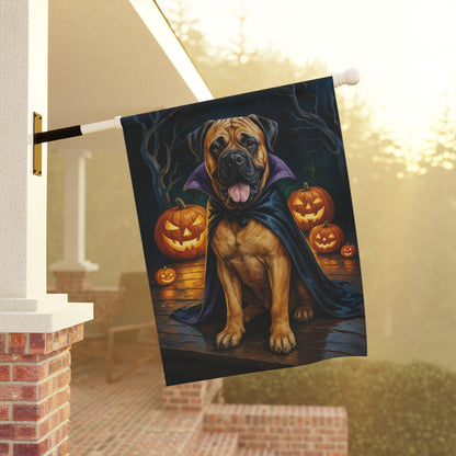 Printify Home Decor Yard Flag, Halloween Bullmastiff Dog, Vampire Pumpkins Decor, Garden House Banner