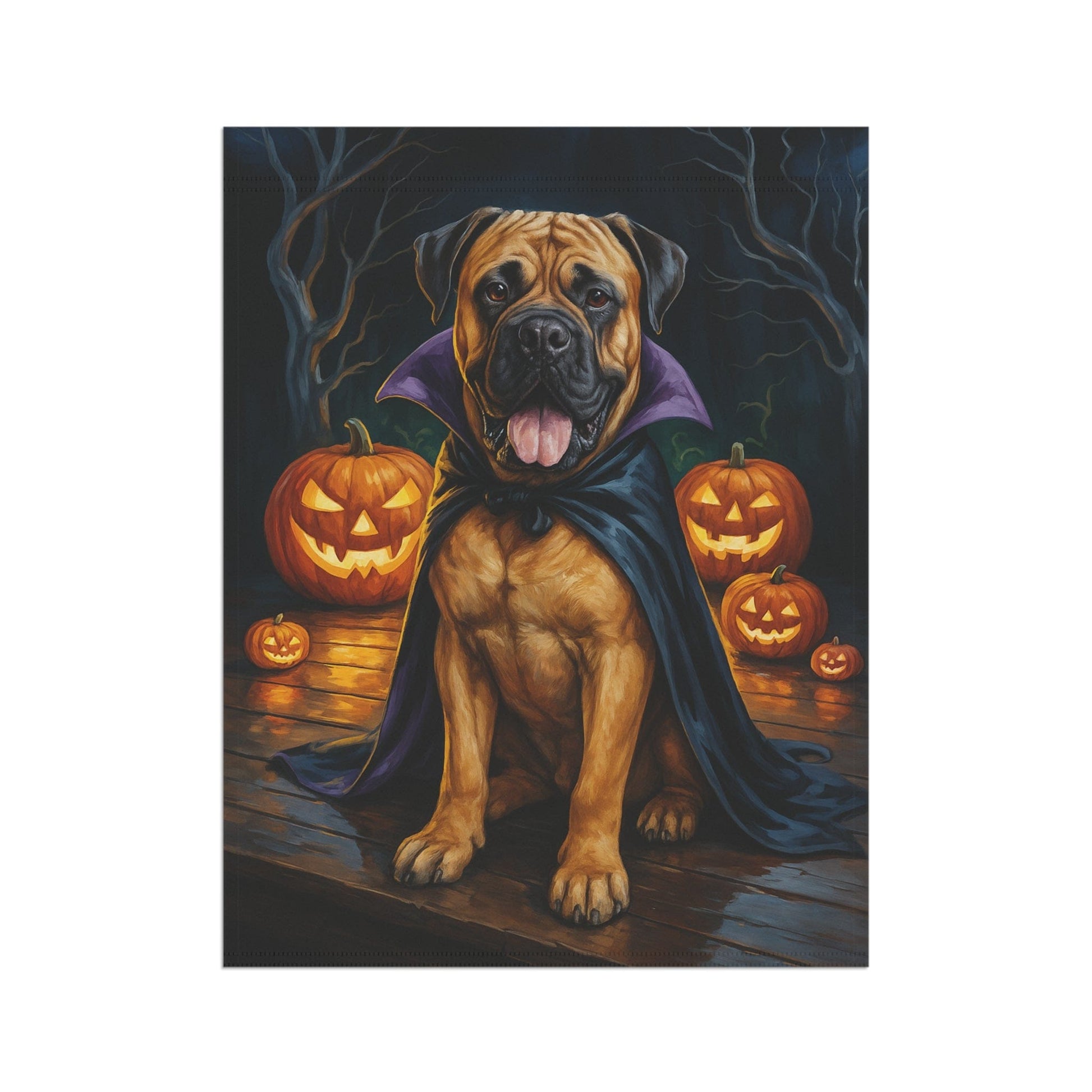 Printify Home Decor Yard Flag, Halloween Bullmastiff Dog, Vampire Pumpkins Decor, Garden House Banner