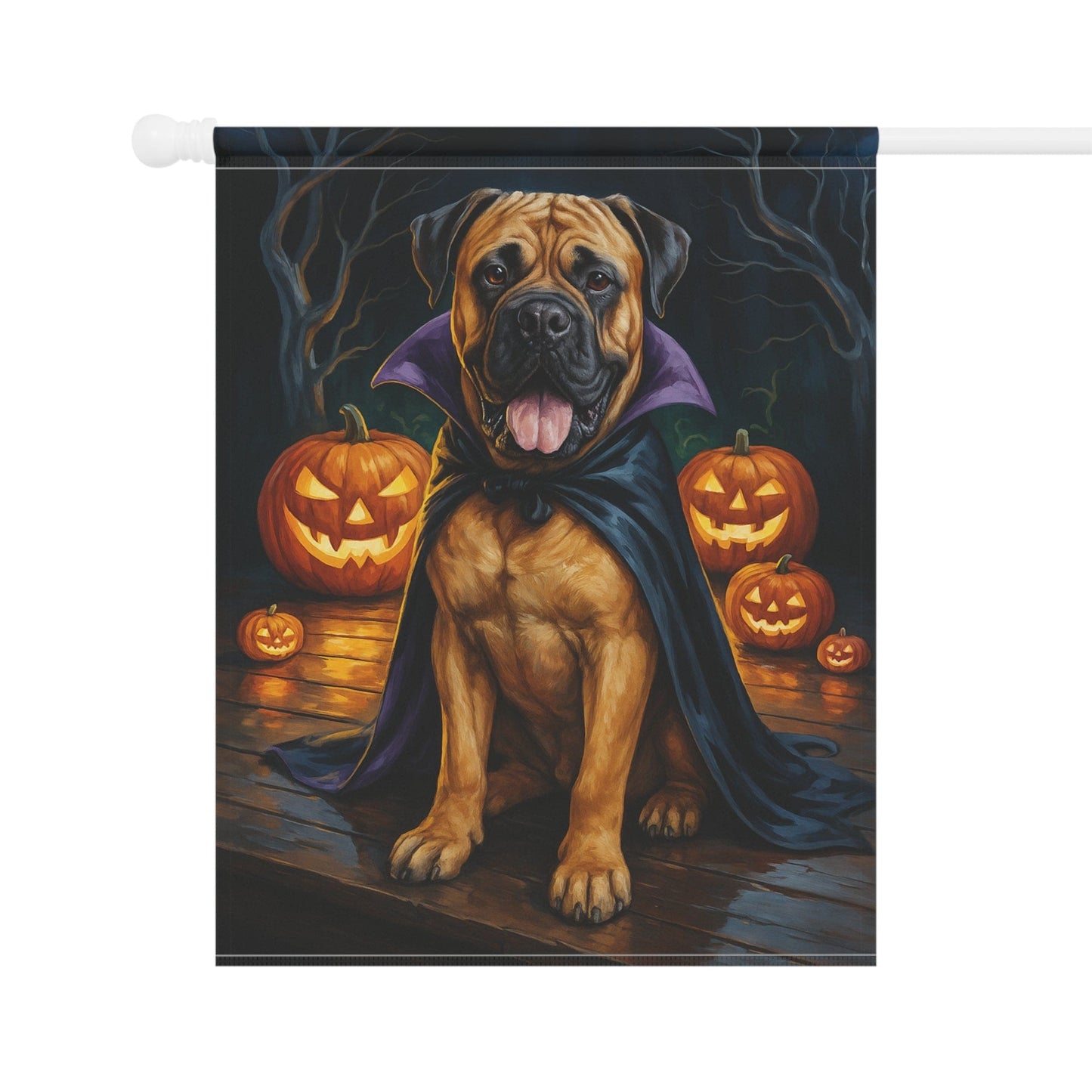 Printify Home Decor Yard Flag, Halloween Bullmastiff Dog, Vampire Pumpkins Decor, Garden House Banner