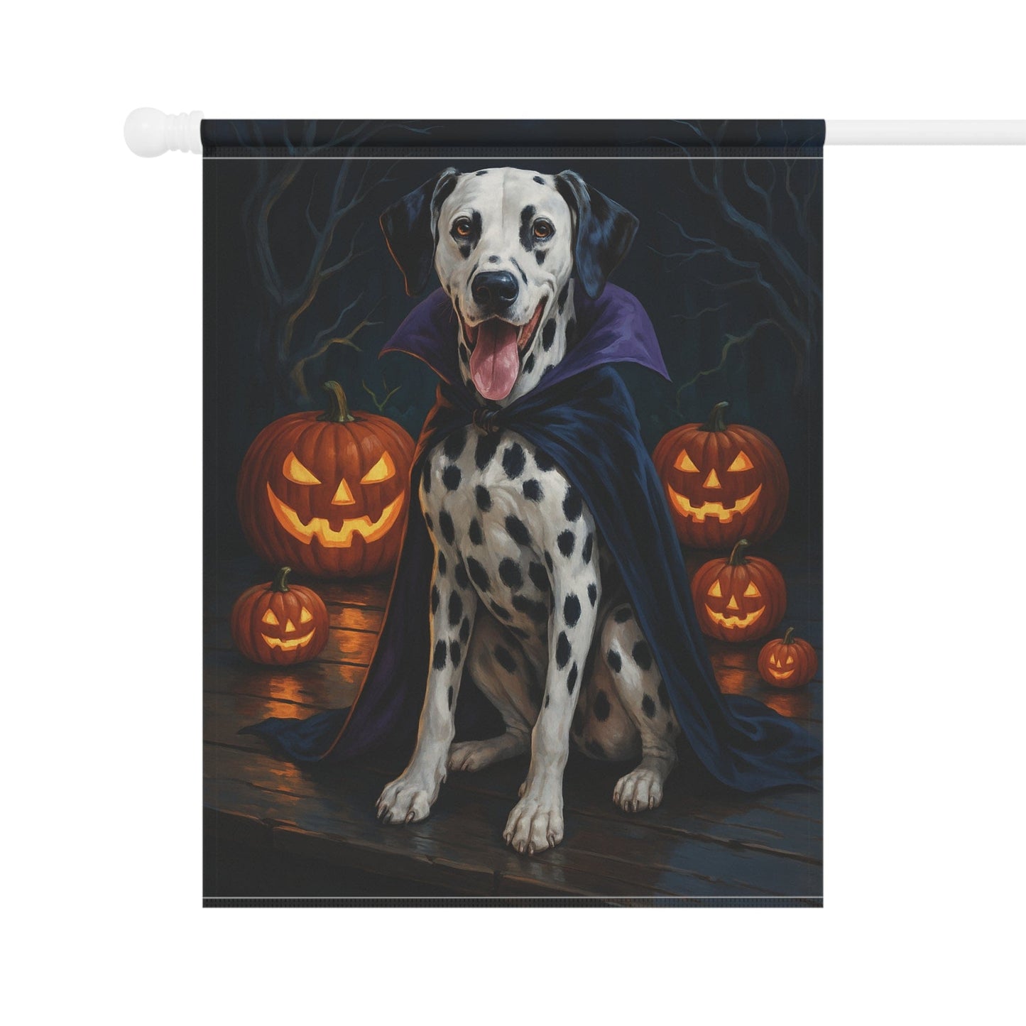 Printify Home Decor Yard Flag, Halloween Dalmatian Dog, Vampire Pumpkins Decor, Garden House Banner