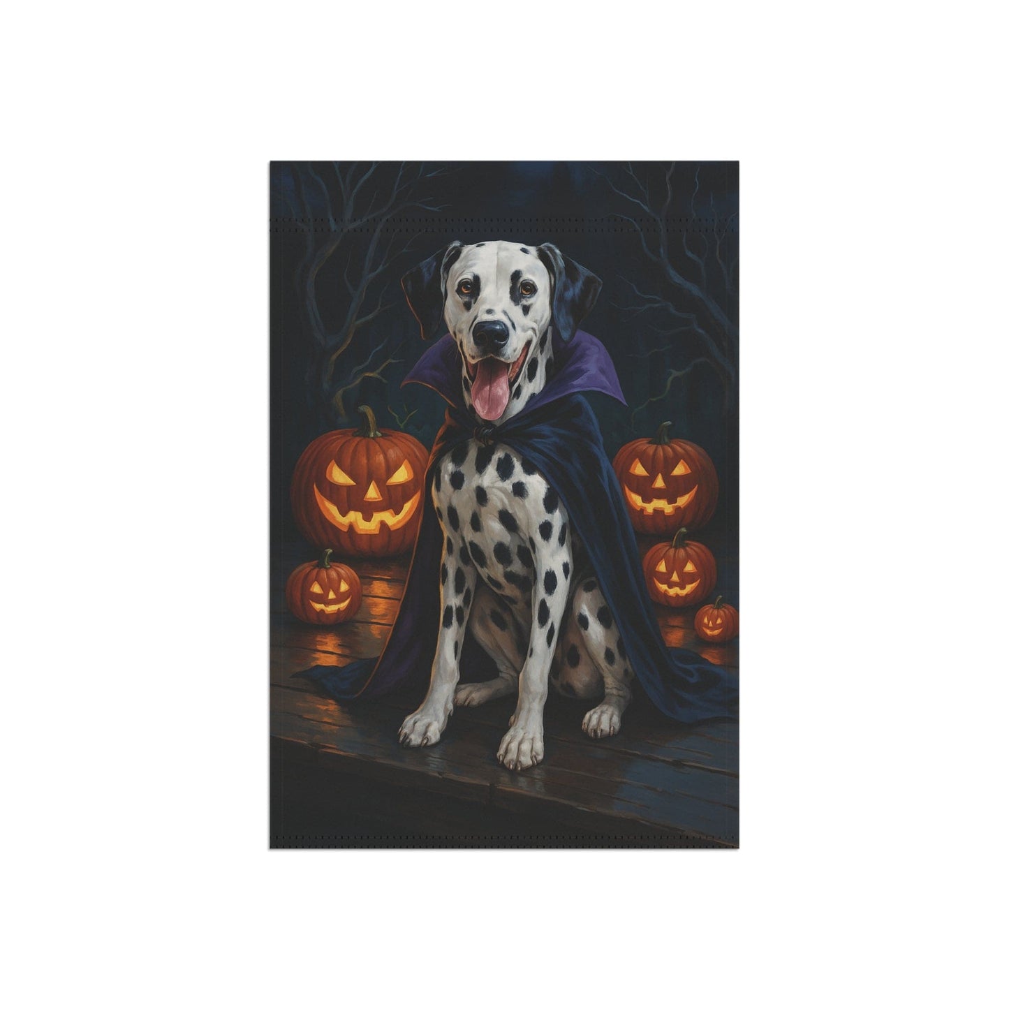 Printify Home Decor Yard Flag, Halloween Dalmatian Dog, Vampire Pumpkins Decor, Garden House Banner