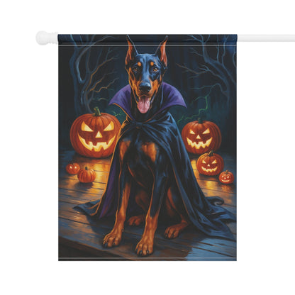 Printify Home Decor Yard Flag, Halloween Doberman Pinscher Dog, Vampire Pumpkins Decor, Garden House Banner, Outdoor Halloween Fall Art, October Yard Art