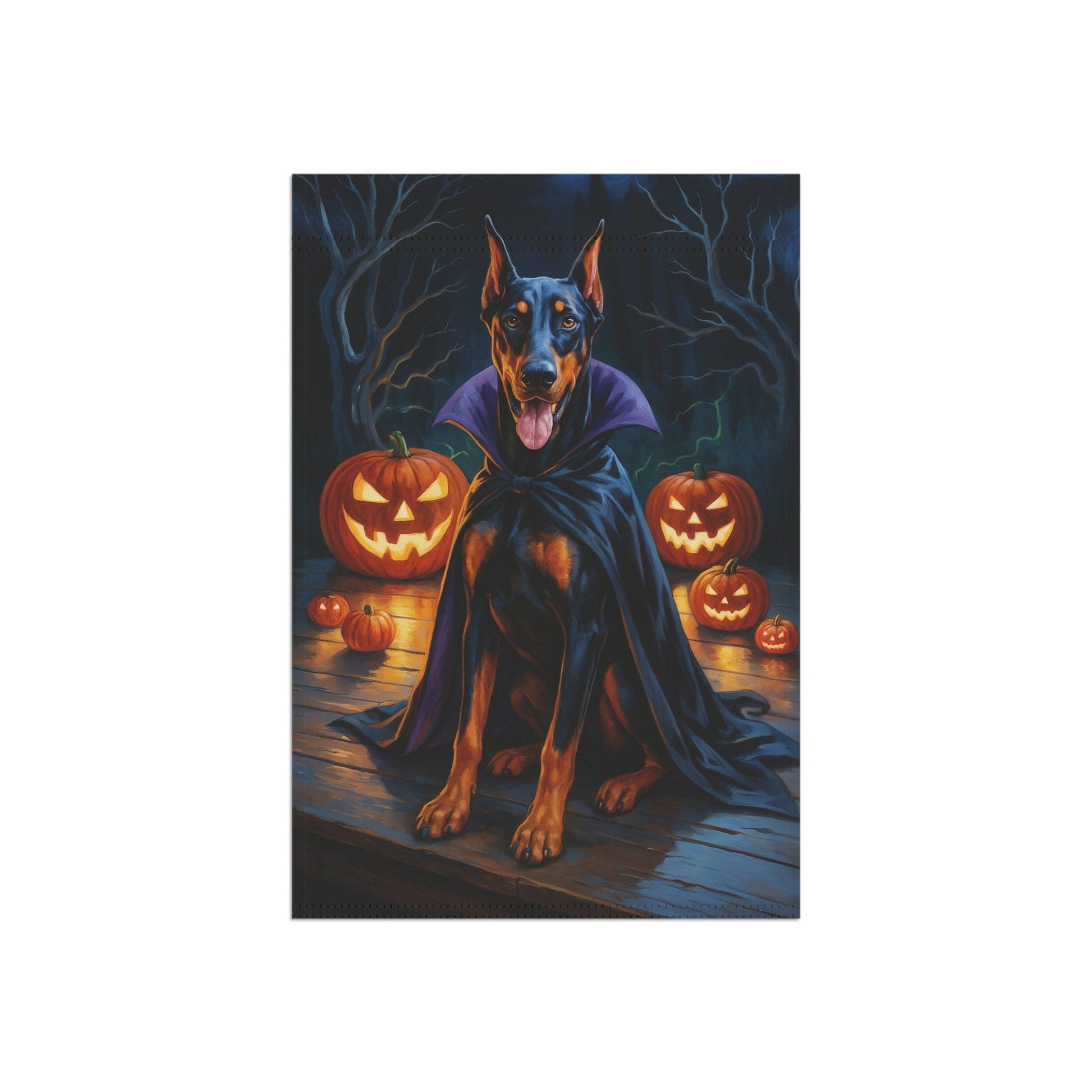 Printify Home Decor Yard Flag, Halloween Doberman Pinscher Dog, Vampire Pumpkins Decor, Garden House Banner, Outdoor Halloween Fall Art, October Yard Art