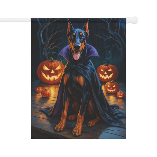 Printify Home Decor 24.5'' × 32'' Yard Flag, Halloween Doberman Pinscher Dog, Vampire Pumpkins Decor, Garden House Banner, Outdoor Halloween Fall Art, October Yard Art