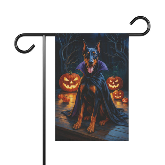 Printify Home Decor 12'' × 18'' Yard Flag, Halloween Doberman Pinscher Dog, Vampire Pumpkins Decor, Garden House Banner, Outdoor Halloween Fall Art, October Yard Art