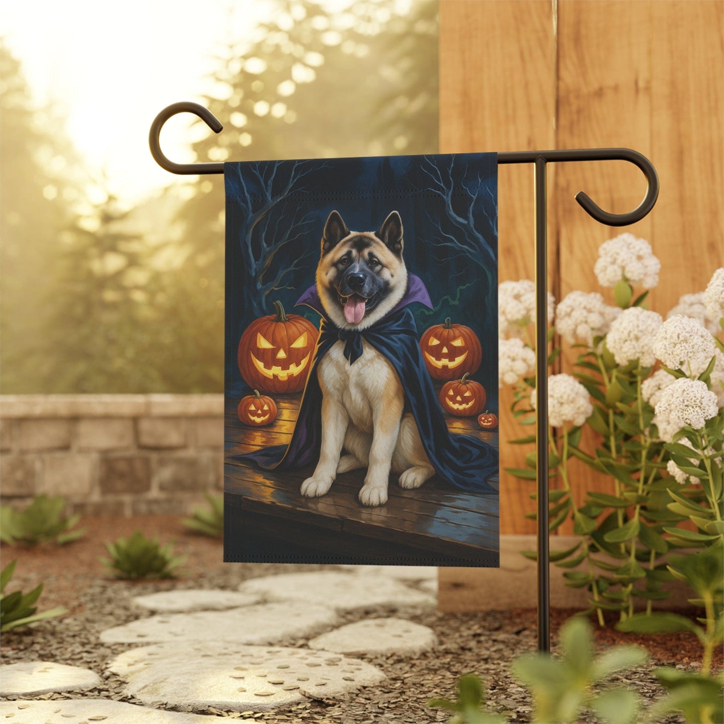 Printify Home Decor Yard Flag, Halloween Fawn American Akita Dog, Vampire Pumpkins Decor, Garden Banner, House Banner, Outdoor Halloween Fall Decoration October