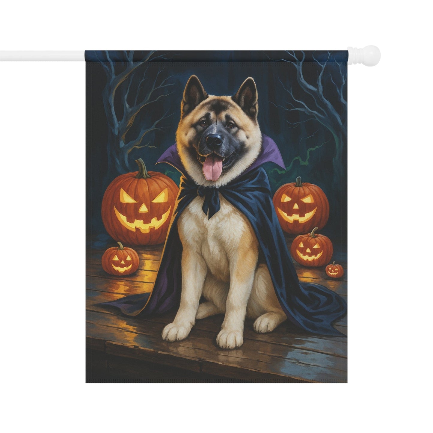 Printify Home Decor 24.5'' × 32'' Yard Flag, Halloween Fawn American Akita Dog, Vampire Pumpkins Decor, Garden Banner, House Banner, Outdoor Halloween Fall Decoration October