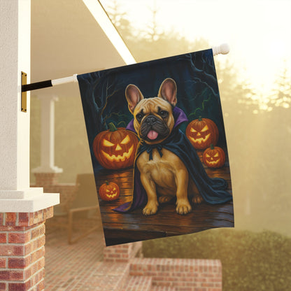 Printify Home Decor Yard Flag, Halloween Fawn French Bulldog Dog, Vampire Pumpkins Decor, Garden House Banner, Outdoor Halloween Fall Art, October Yard Art