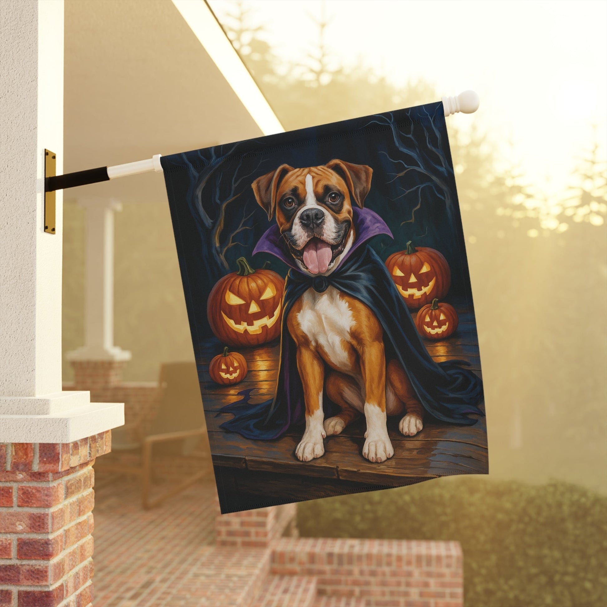 Printify Home Decor Yard Flag, Halloween Flashy Fawn Boxer Dog, Vampire Pumpkins Decor, Garden House Banner, Outdoor Halloween Fall Decoration, October Yard Art