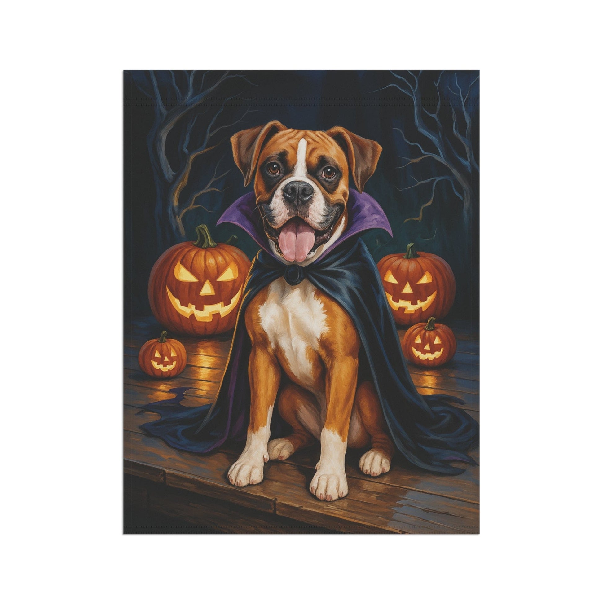 Printify Home Decor Yard Flag, Halloween Flashy Fawn Boxer Dog, Vampire Pumpkins Decor, Garden House Banner, Outdoor Halloween Fall Decoration, October Yard Art