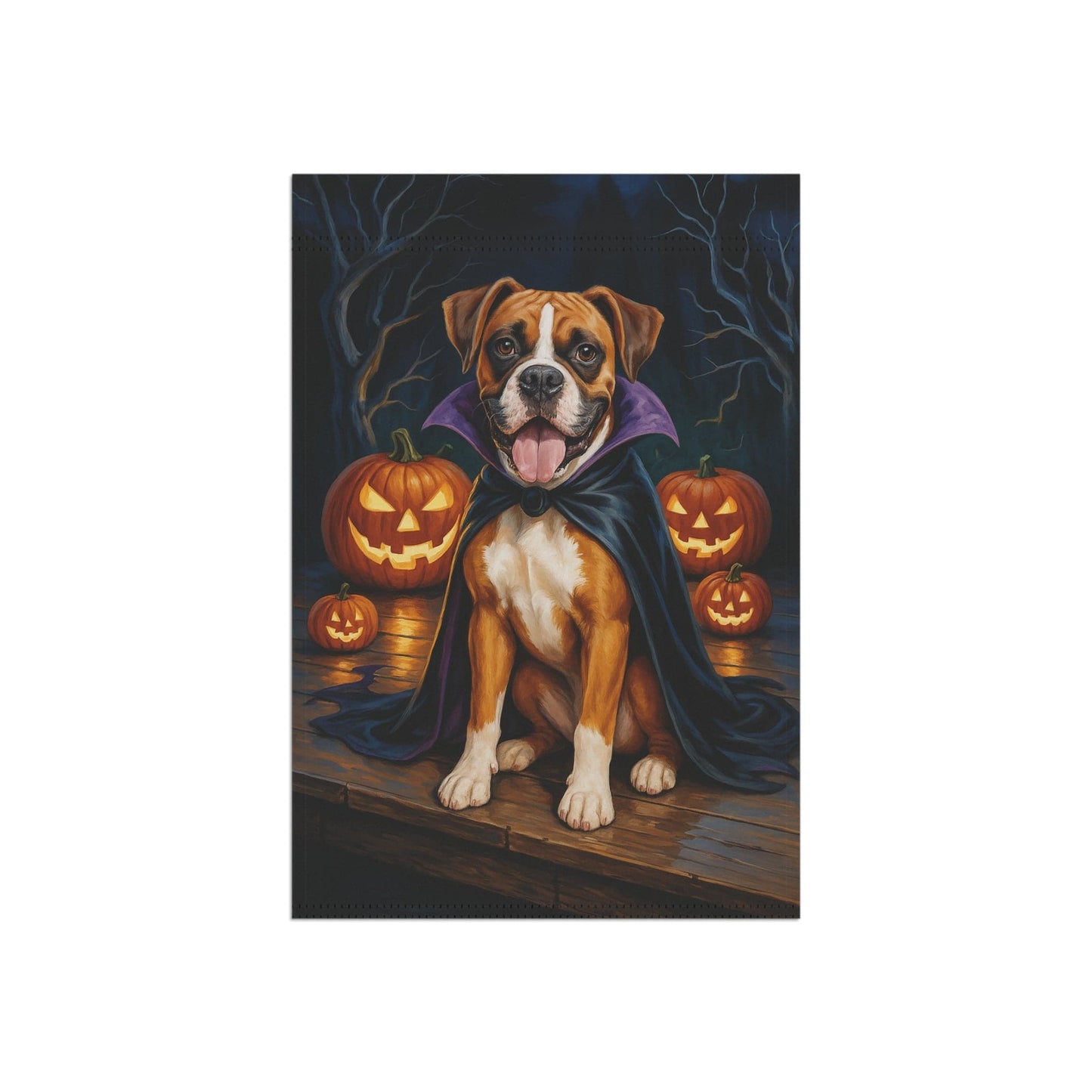 Printify Home Decor Yard Flag, Halloween Flashy Fawn Boxer Dog, Vampire Pumpkins Decor, Garden House Banner, Outdoor Halloween Fall Decoration, October Yard Art