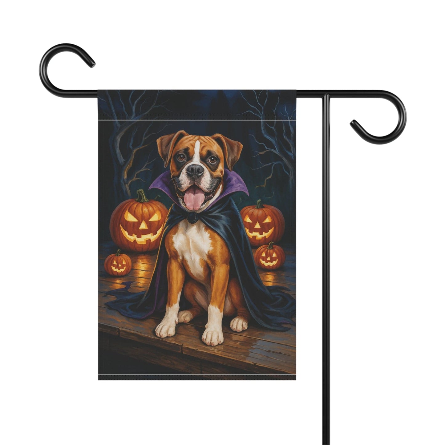 Printify Home Decor Yard Flag, Halloween Flashy Fawn Boxer Dog, Vampire Pumpkins Decor, Garden House Banner, Outdoor Halloween Fall Decoration, October Yard Art