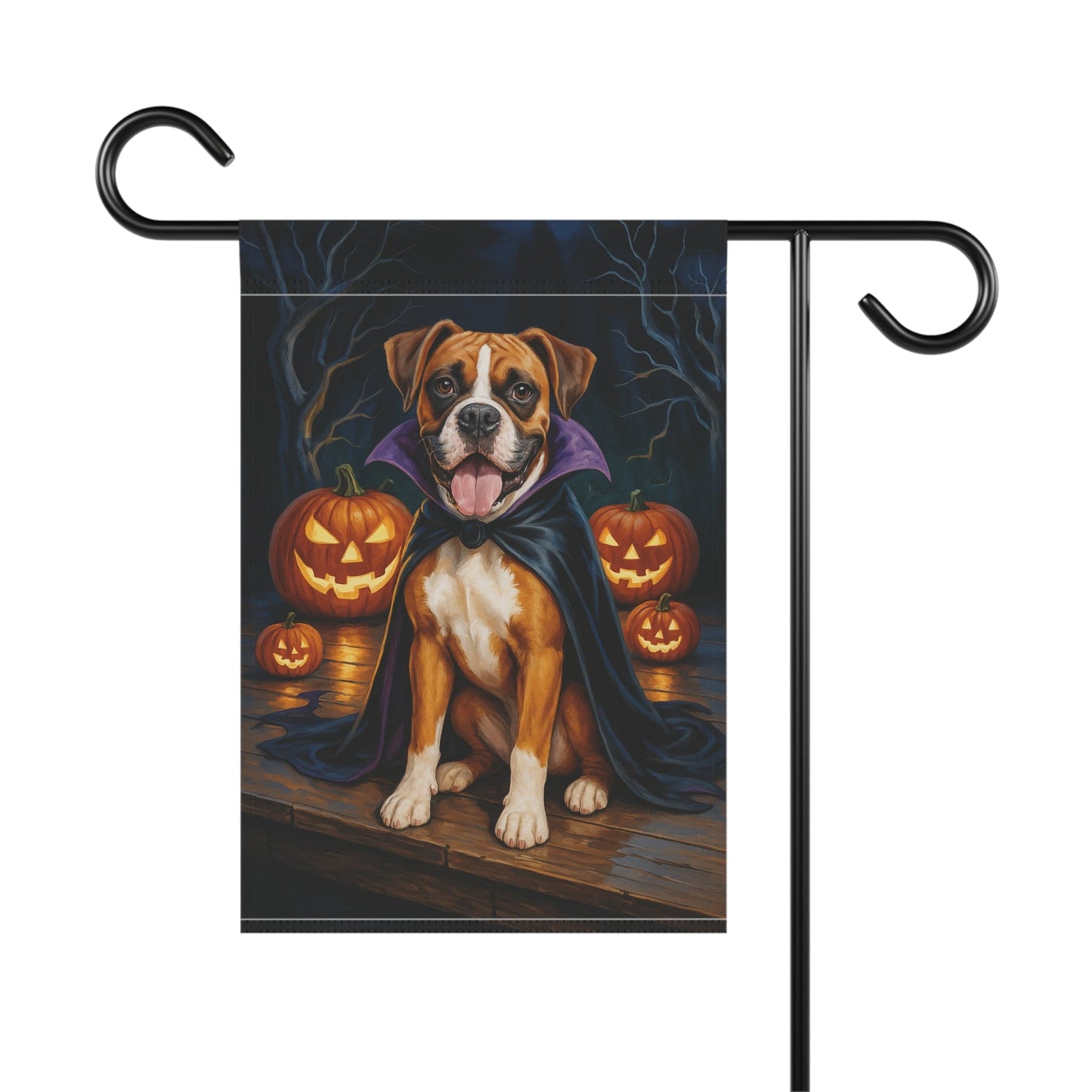 Printify Home Decor Yard Flag, Halloween Flashy Fawn Boxer Dog, Vampire Pumpkins Decor, Garden House Banner, Outdoor Halloween Fall Decoration, October Yard Art