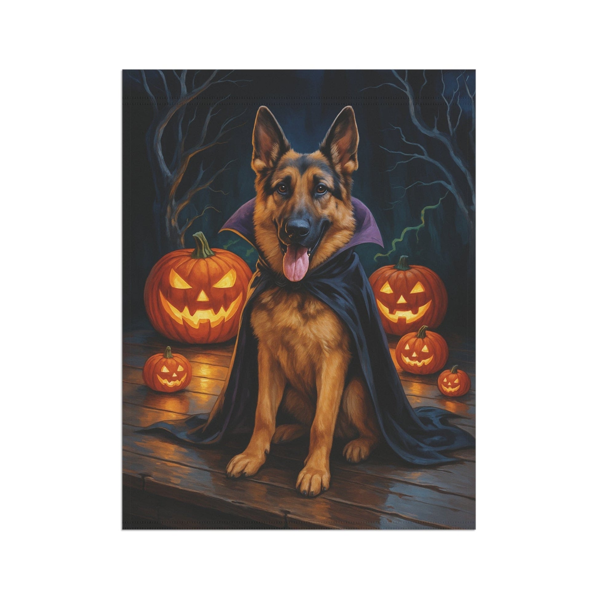 Printify Home Decor Yard Flag, Halloween German Shepherd Dog, Vampire Pumpkins Decor, Garden House Banner, Outdoor Halloween Fall Art, October Yard Art