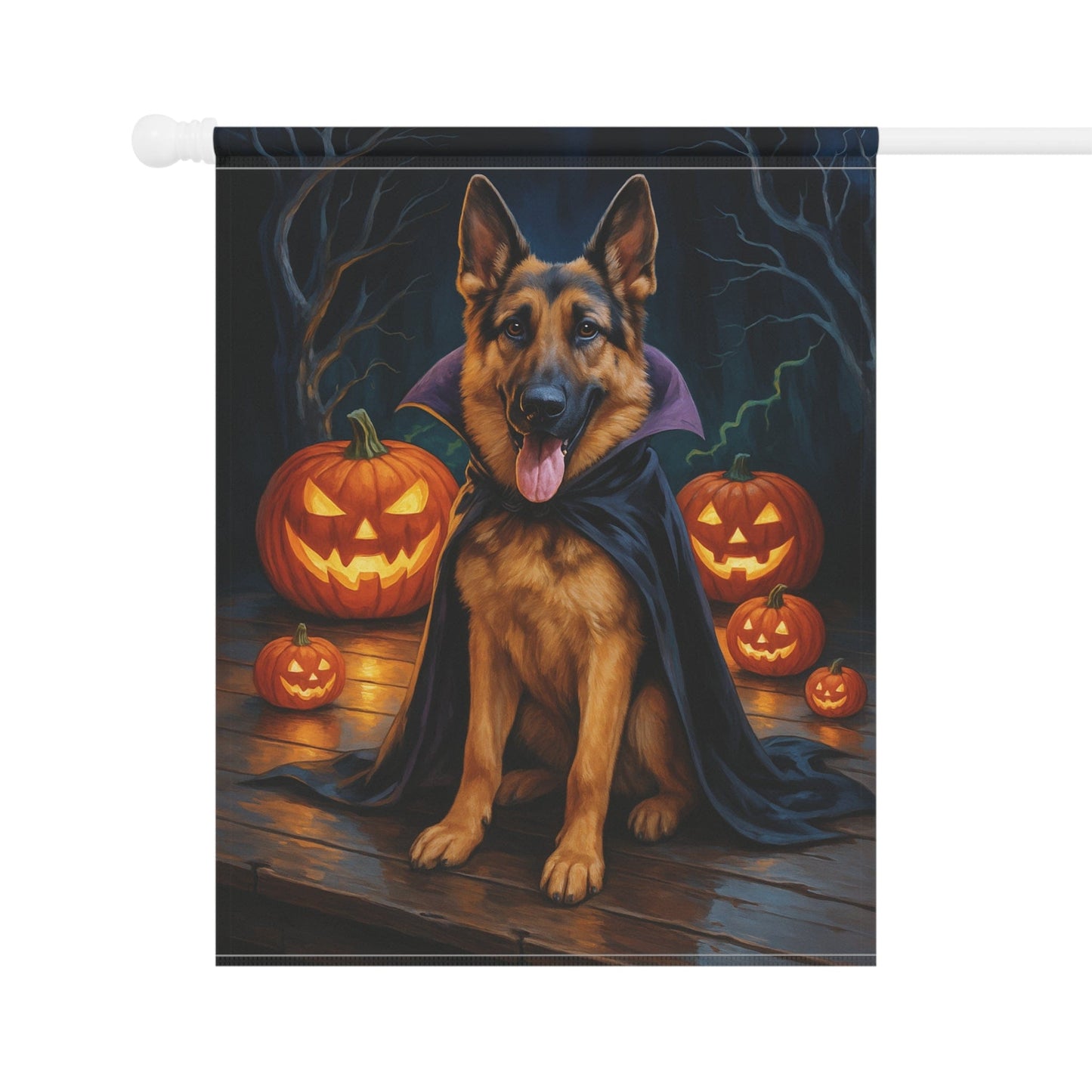Printify Home Decor Yard Flag, Halloween German Shepherd Dog, Vampire Pumpkins Decor, Garden House Banner, Outdoor Halloween Fall Art, October Yard Art