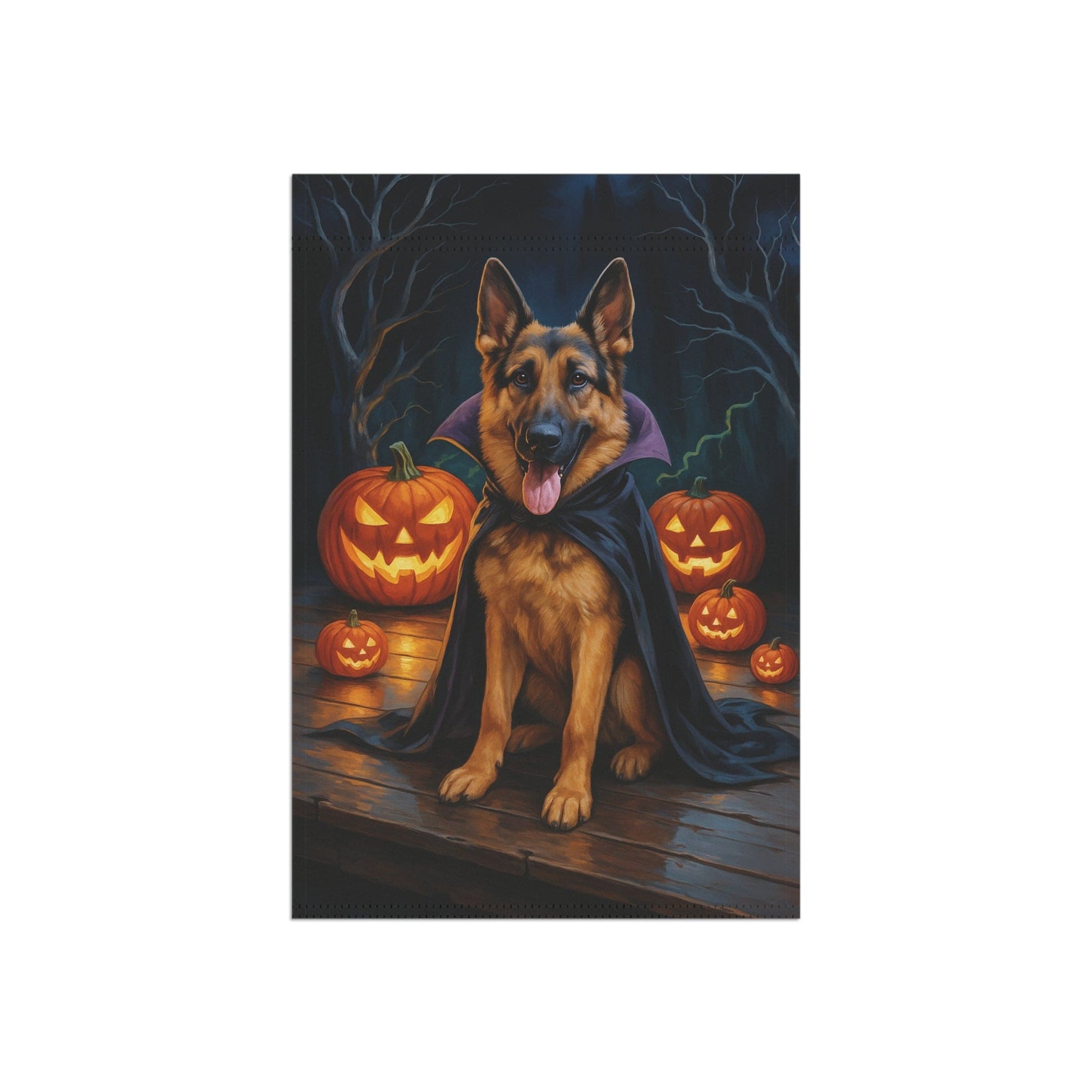 Printify Home Decor Yard Flag, Halloween German Shepherd Dog, Vampire Pumpkins Decor, Garden House Banner, Outdoor Halloween Fall Art, October Yard Art