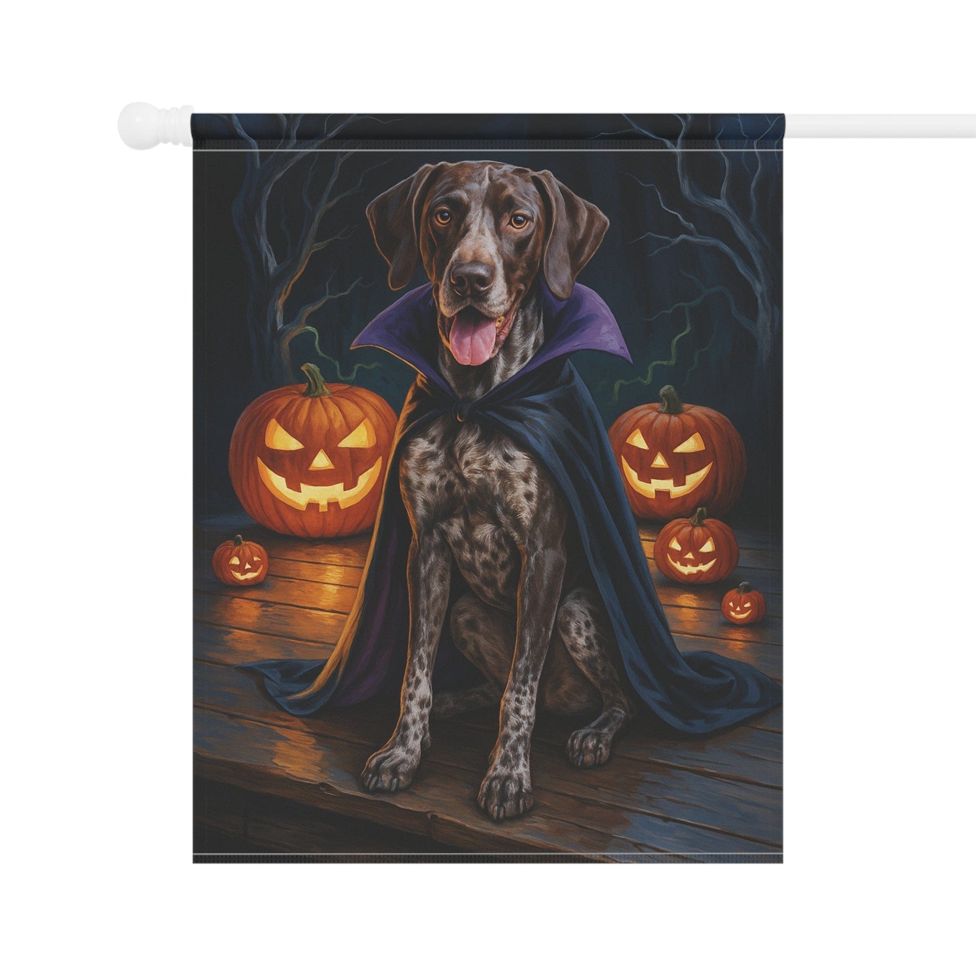 Printify Home Decor Yard Flag, Halloween German Shorthaired Pointer Dog, Vampire Pumpkins Decor, Garden House Banner, Outdoor Halloween Fall Art, October Yard