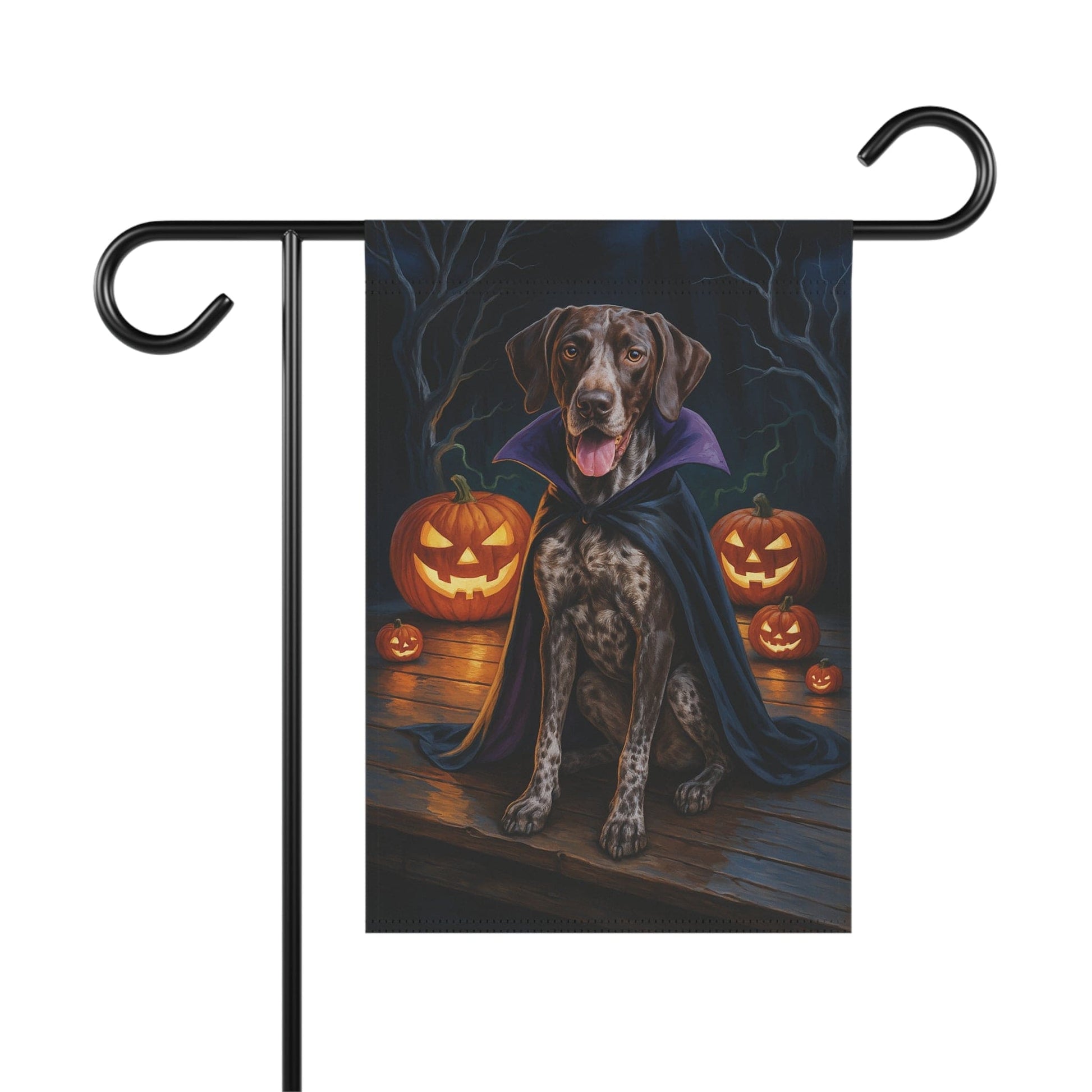 Printify Home Decor 12'' × 18'' Yard Flag, Halloween German Shorthaired Pointer Dog, Vampire Pumpkins Decor, Garden House Banner, Outdoor Halloween Fall Art, October Yard
