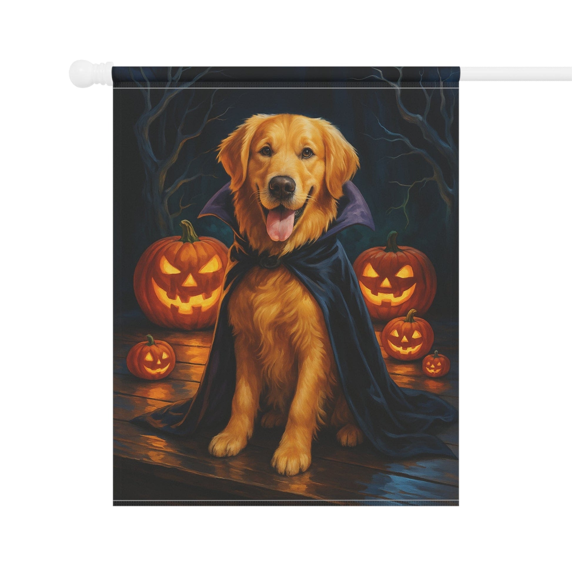 Printify Home Decor Yard Flag, Halloween Golden Retriever Dog, Vampire Pumpkins Decor, Garden House Banner