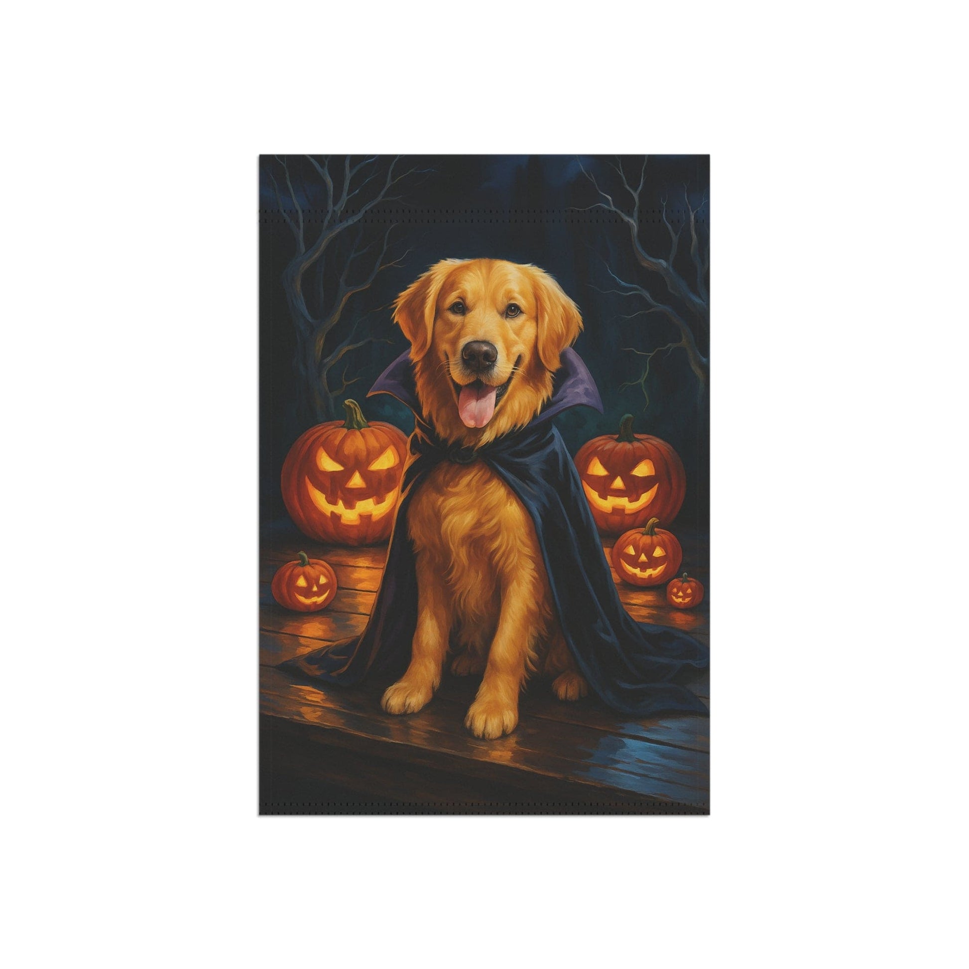 Printify Home Decor Yard Flag, Halloween Golden Retriever Dog, Vampire Pumpkins Decor, Garden House Banner
