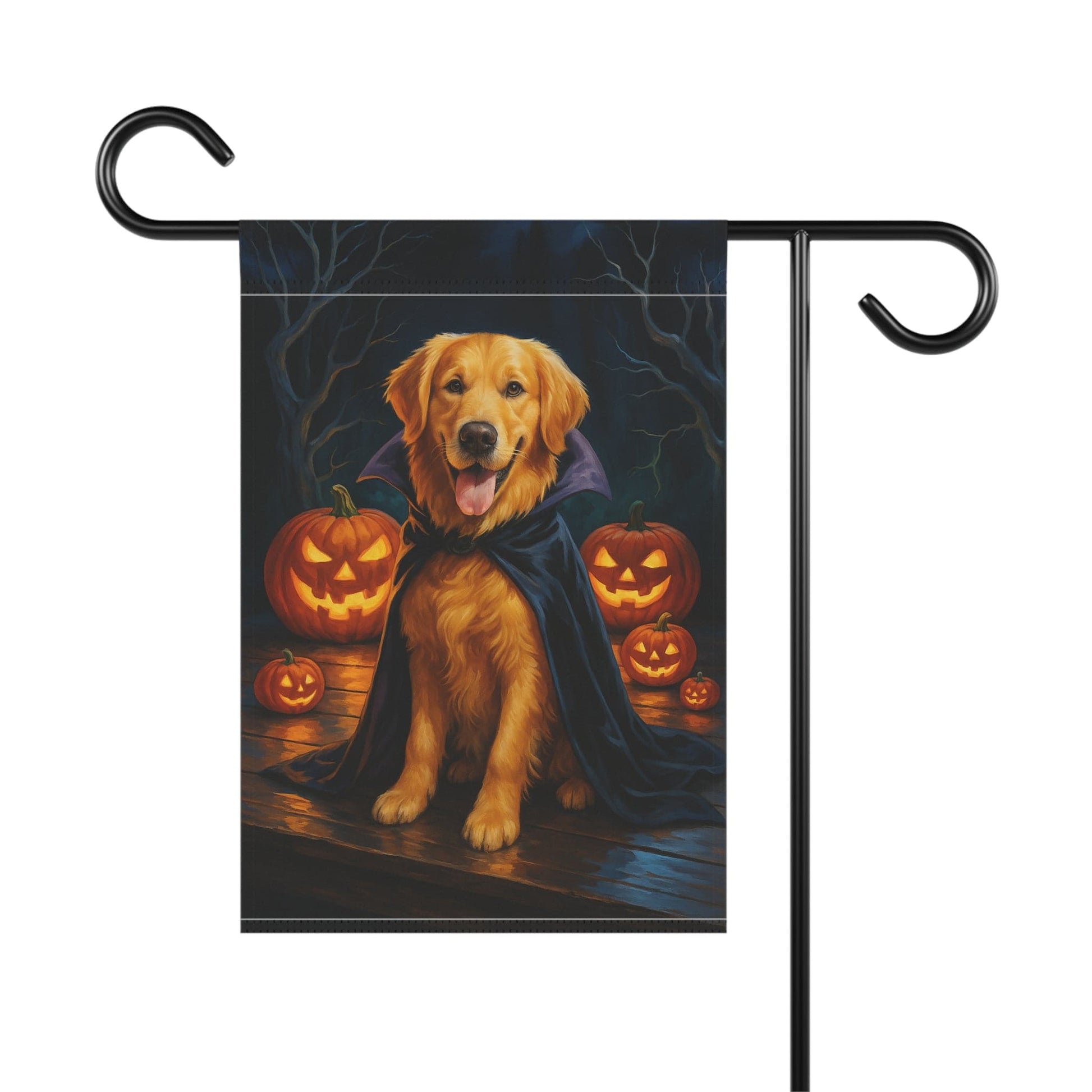 Printify Home Decor Yard Flag, Halloween Golden Retriever Dog, Vampire Pumpkins Decor, Garden House Banner