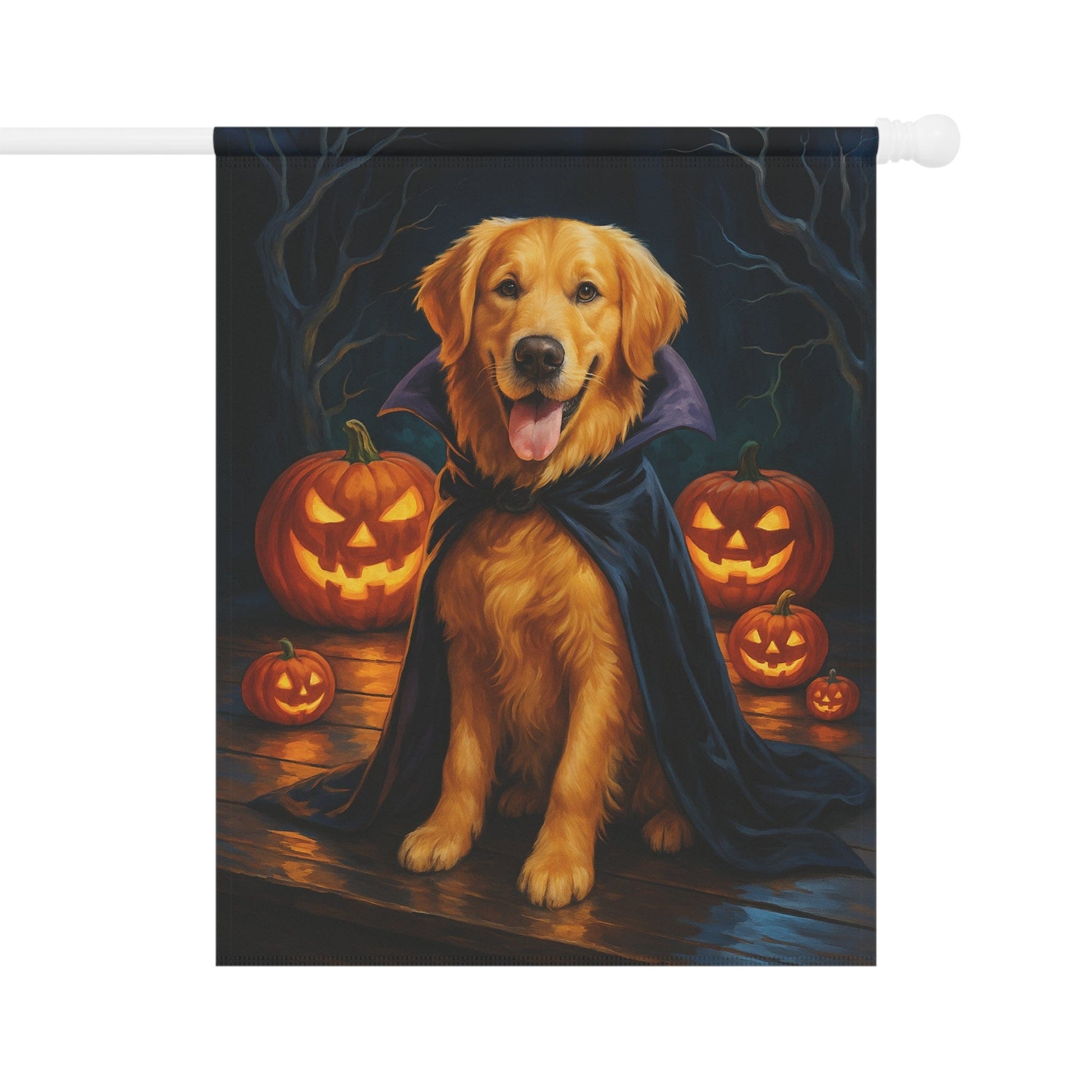 Printify Home Decor 24.5'' × 32'' Yard Flag, Halloween Golden Retriever Dog, Vampire Pumpkins Decor, Garden House Banner