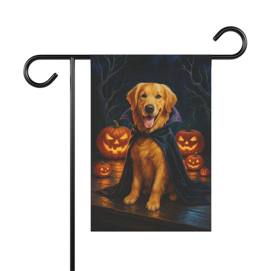 Printify Home Decor 12'' × 18'' Yard Flag, Halloween Golden Retriever Dog, Vampire Pumpkins Decor, Garden House Banner