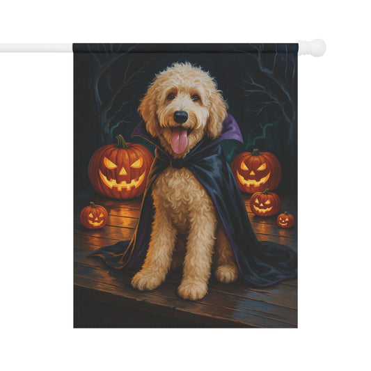 Printify Home Decor 24.5'' × 32'' Yard Flag, Halloween Goldendoodle Dog, Vampire Pumpkins Decor, Garden House Banner