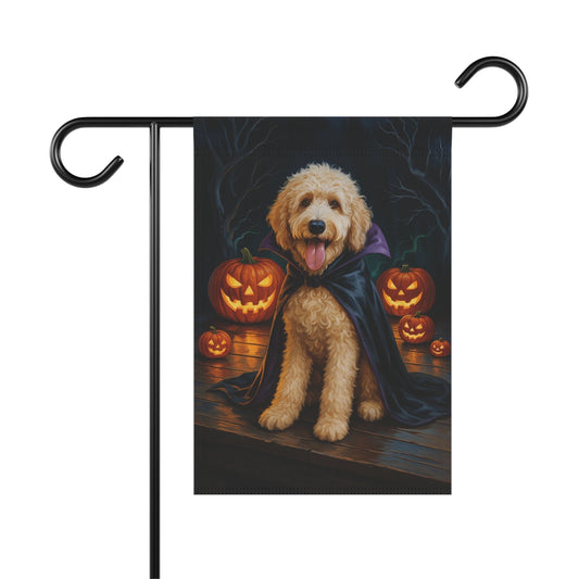 Printify Home Decor 12'' × 18'' Yard Flag, Halloween Goldendoodle Dog, Vampire Pumpkins Decor, Garden House Banner