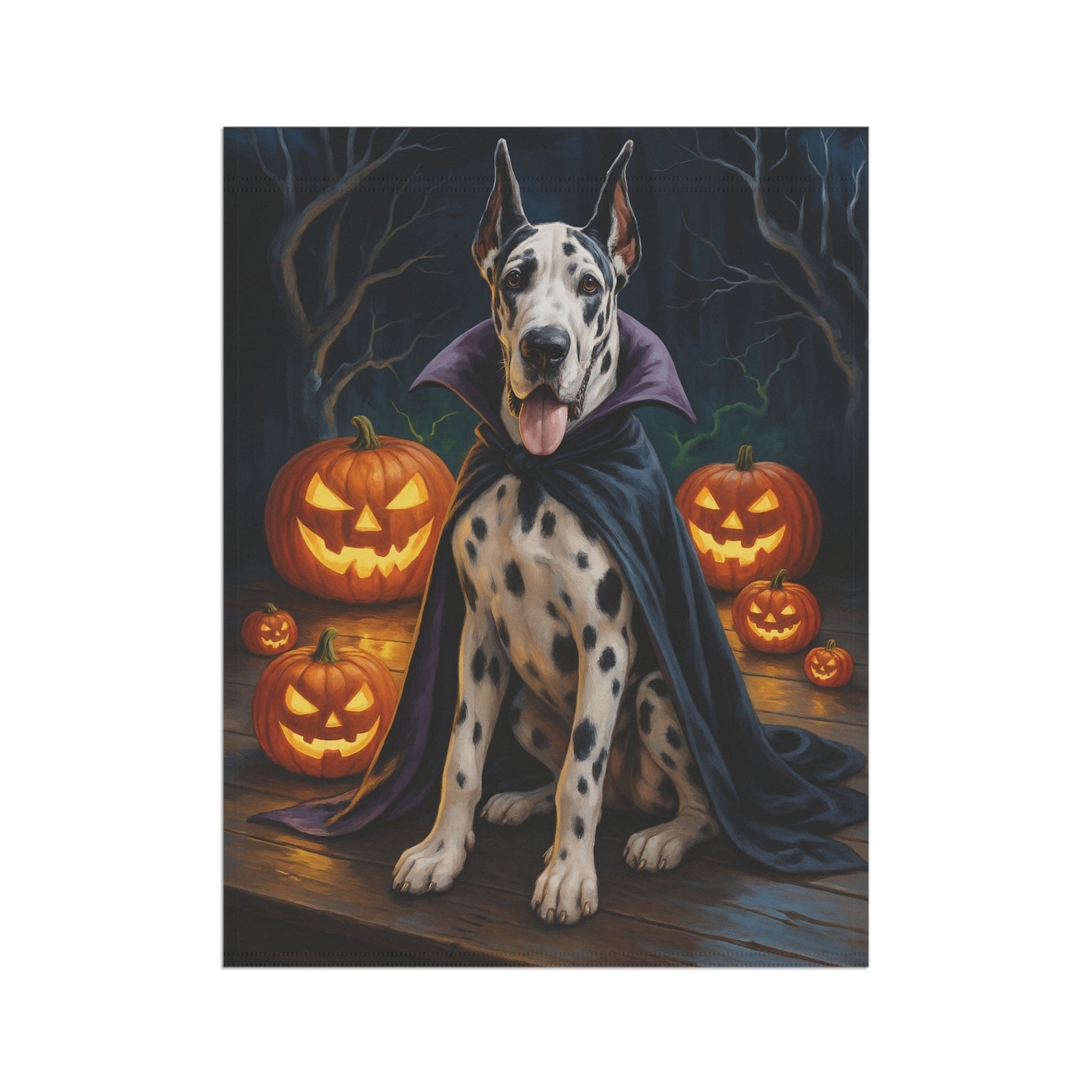 Printify Home Decor Yard Flag, Halloween Harlequin Great Dane Dog, Vampire Pumpkins Decor, Garden House Banner, Outdoor Halloween Fall Art, October Yard Art