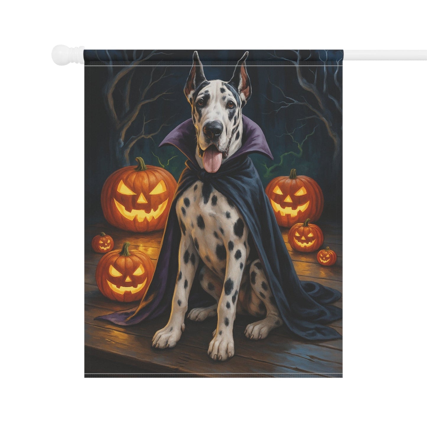 Printify Home Decor Yard Flag, Halloween Harlequin Great Dane Dog, Vampire Pumpkins Decor, Garden House Banner, Outdoor Halloween Fall Art, October Yard Art