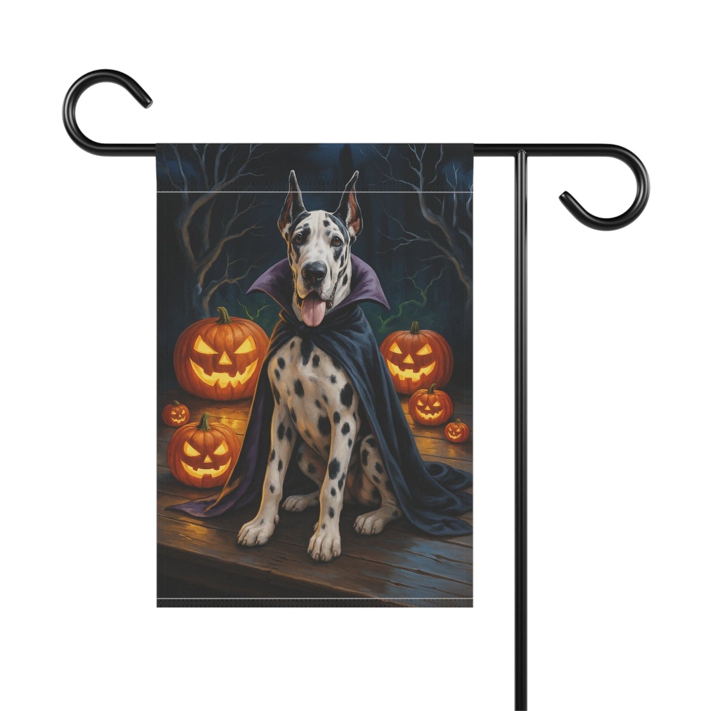Printify Home Decor Yard Flag, Halloween Harlequin Great Dane Dog, Vampire Pumpkins Decor, Garden House Banner, Outdoor Halloween Fall Art, October Yard Art